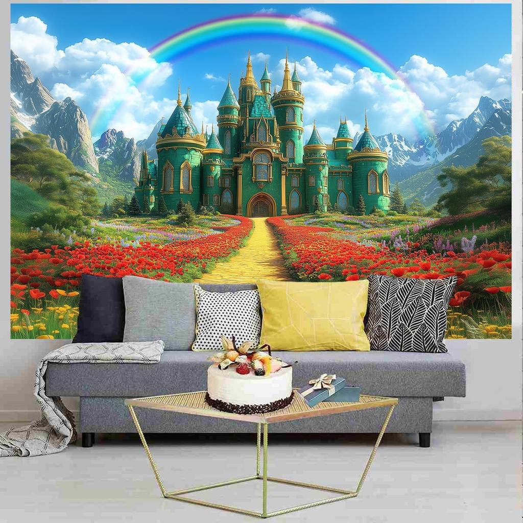 Emerald Castle Backdrop Green Castle Spring Fairy Castle Rainbow Background Party Decorations Portrait Photo Booth Props Banner