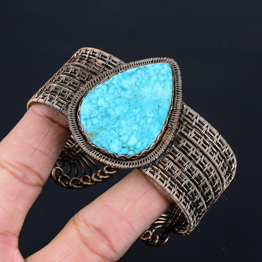 Синий бирюзовый драгоценный камень, чистая медная проволока, завернутая в манжеты/браслет ручной работы, регулируемые ювелирные изделия