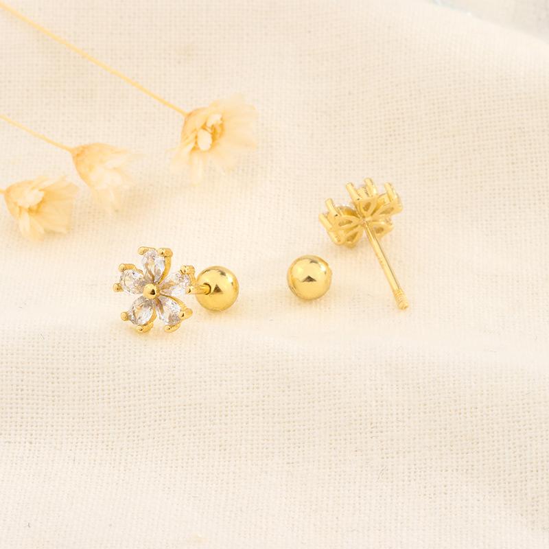 Elegant Zircon Flower Screw Back Earrings For Women Fashionable Small Exquisite Niche Design Studs Jewelry