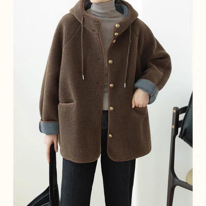 Женские свободные куртки с капюшоном из овечьей шерсти, повседневные однобортные толстые пальто, зимнее теплое пальто с длинным рукавом из гранулированного бархата