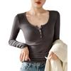 High Elastic Thread Cotton Shoulder Button T-shirt Women's New Autumn and Winter Pure Wind Long-sleeved Slim-fit Base Shirt