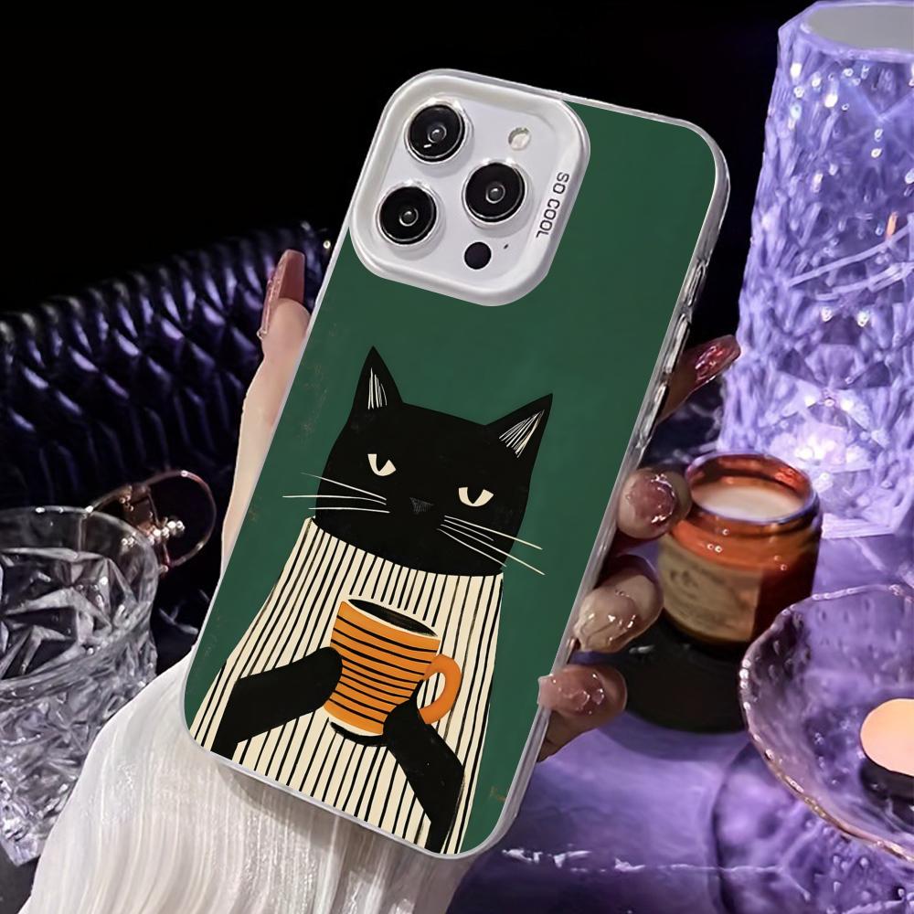 Cute Coffee Cat White Translucent Mobile Phone Case for iPhone 17 16 15 14 13 12 11 X XR XS Air Pro Max Plus Colorful Cover