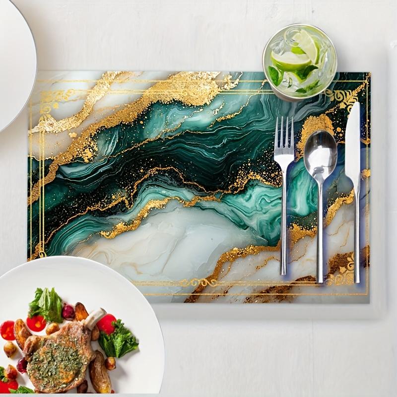 4pcs Elegant Emerald Green Marble Coffee Placemats - Heat-Resistant, Golden Vein Design, 12x18 Inch Polyester Table Mats for Indoor/Outdoor Decor, Ide
