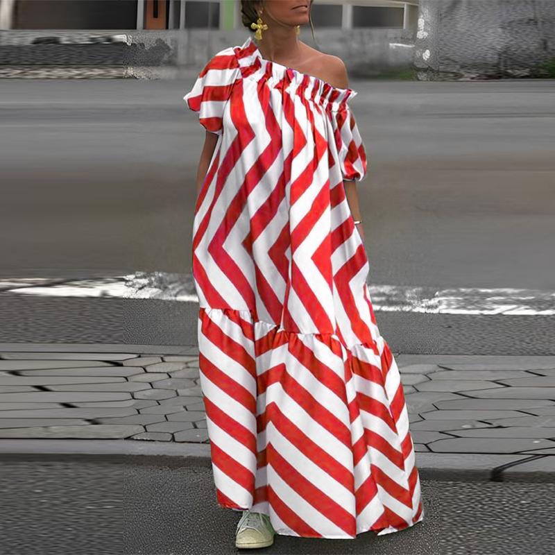 Женские летние платья большого размера с открытыми плечами и короткими рукавами в полоску с принтом