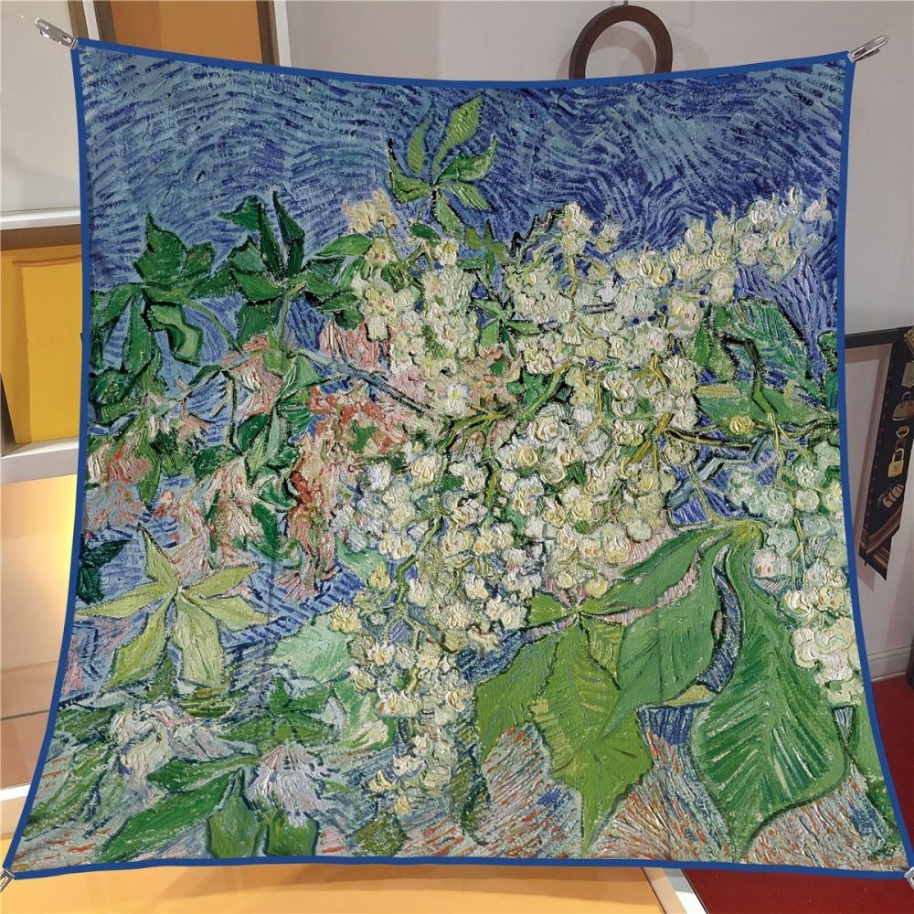 Silk Scarf Women Oil Painting Square Scarves Head Echarpes Silk Foulards Femme Wraps Beach Shawls Bandana Lady Hijabs 90CM