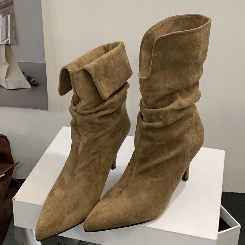 Модные Eilyken 2026 Новые Осенне-зимние Модные Плиссированные Женские Ботильоны с Острым Носком Короткие Ботильоны Сексуальные Тонкие Каблуки Вечерняя Обувь