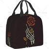 Skeleton Hand Holding Rose Lunch Bag for Women Men Valentine's Day Insulated Lunch Box with Pocket Zippers for Adult Work