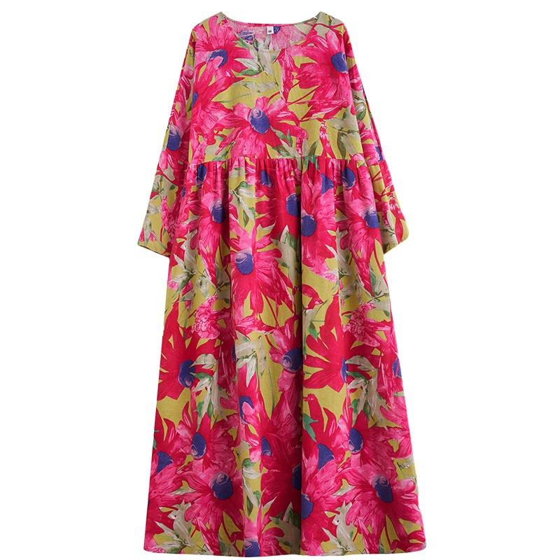 Круглый вырез с длинным рукавом Богемная одежда ретро осень хлопок льняные платья винтажное повседневное цветочное принтованное длинное платье для женщин