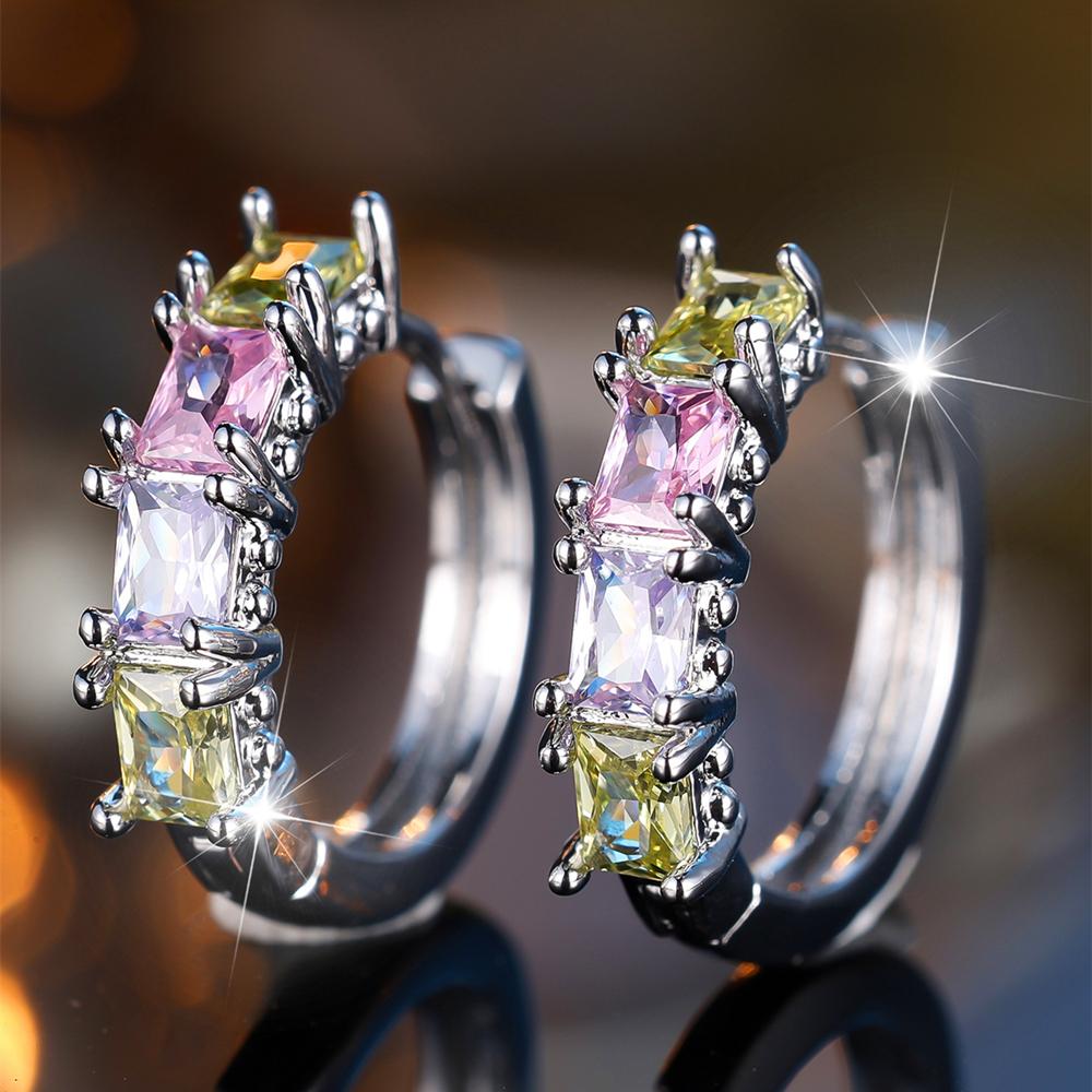 Charming Square Cut Blue Green Rainbow Zircon Hoop Earrings Trendy Ear Accessories Wedding Party Jewelry