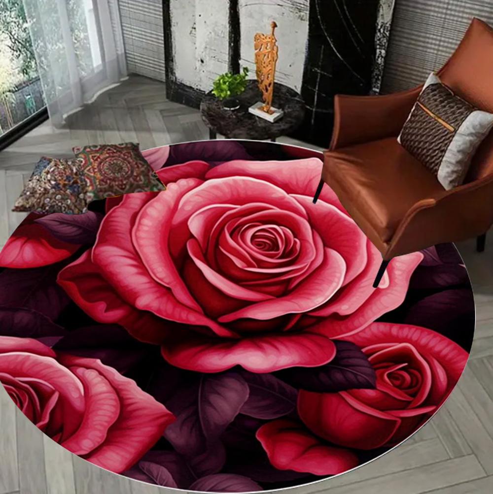 Luxury Sun Flower 3D Rose Nordic  Round Carpet Rug for Living Room Bedroom Sofa Decor, Area Rug Non-slip Floor Mat Gift