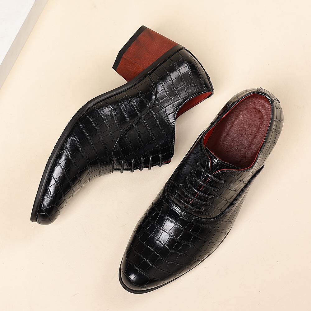 Fashionable Casual Leather Shoes Fashionable 5cm Heel Addition Men's Checkered Pattern High-Heel Chunky Heel Wedding Shoes 6cm Comfortable Shoes