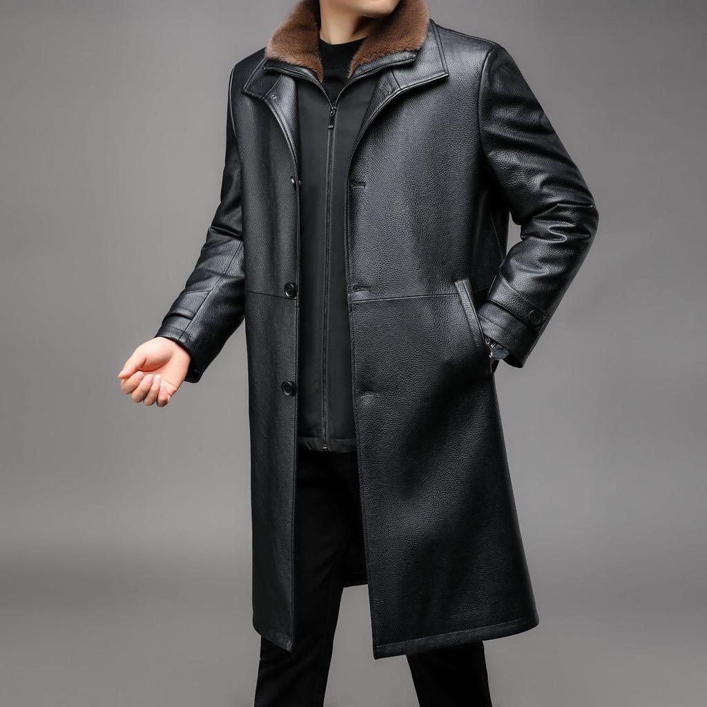 Leather Coat with Velvet and Thickening for Middle-aged Men with Removable Inner Liner, Long Fur All-in-one Genuine Leather Fur Coat