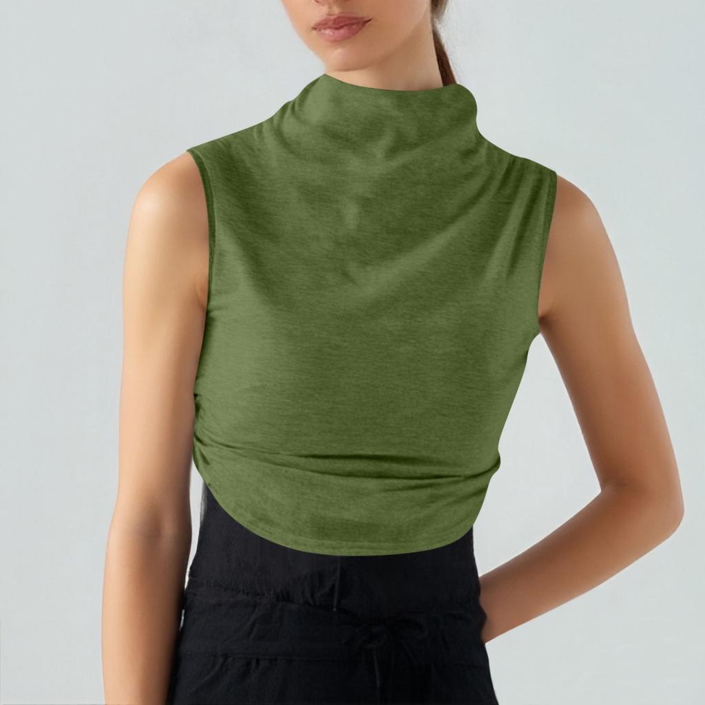 Women's Solid Color Semi-high-neck Sleeveless Vest Pleated  Top T-shirt