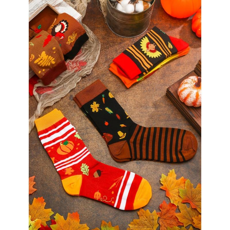6 pairs of Thanksgiving socks, autumn socks, bulk harvest novelty plush socks, unisex turkey and pumpkin socks, Thanksgiving harvest-themed funny