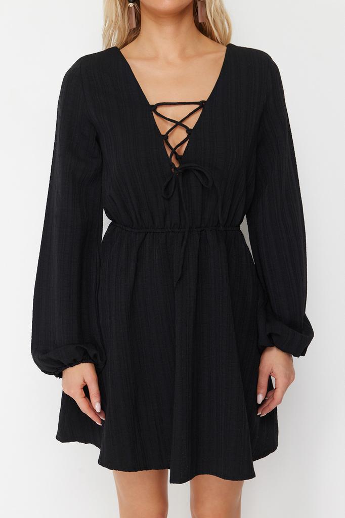 Women's Fashion New Dress Black Mini Woven Tie-Up Linen Blend Beach Dress