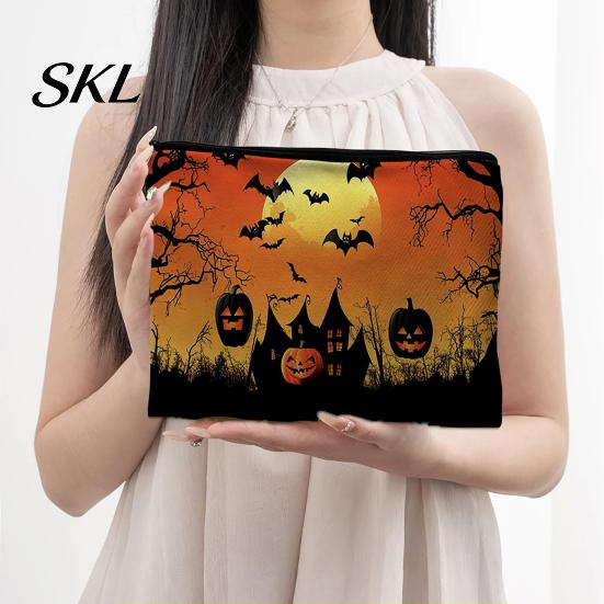Spill-proof Zippered Travel Bag Halloween Storage Bag, with Pumpkin Ghost Print, Durable Canvas Castle Makeup Pouch Large Capacity Pouch, for