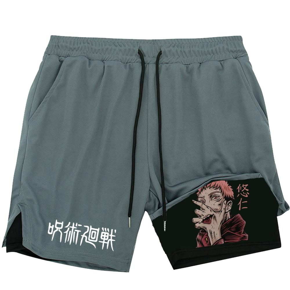 Компрессионные шорты в стиле аниме, летняя спортивная одежда, мужские спортивные шорты для тренажерного зала 2 в 1, мужские шорты для фитнеса и фитнеса