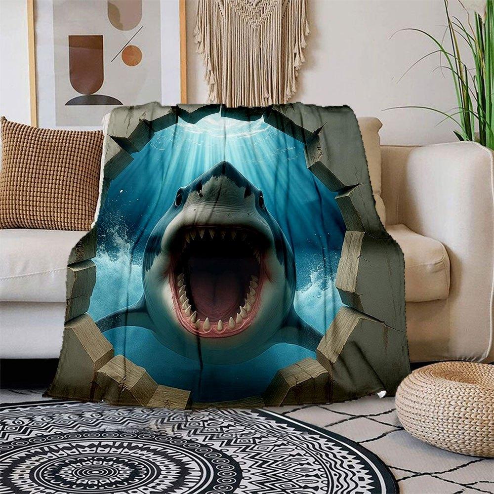 "Great White Shark Wall Decal - Ocean Life Art Sticker for Home Decor"Blanket Flannel Throw Blanket for Sofa, Bed, Travel, Camping, Office,