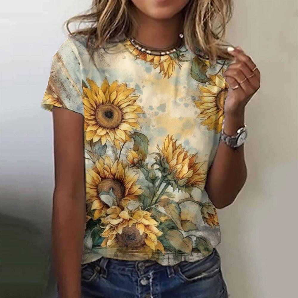 Ladies' Loose Summer Elegant Retro Women's Clothing 3D Printed Sunflower Top Short Sleeved T-shirt