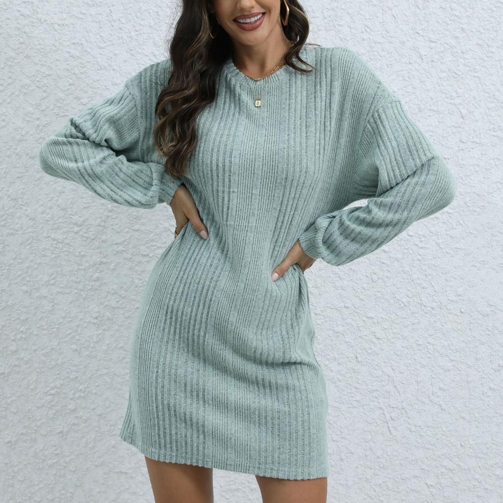 Women's Autumn And Winter Casual Fashion Long Sleeve Solid Color Round Neck Hip Cover Dress