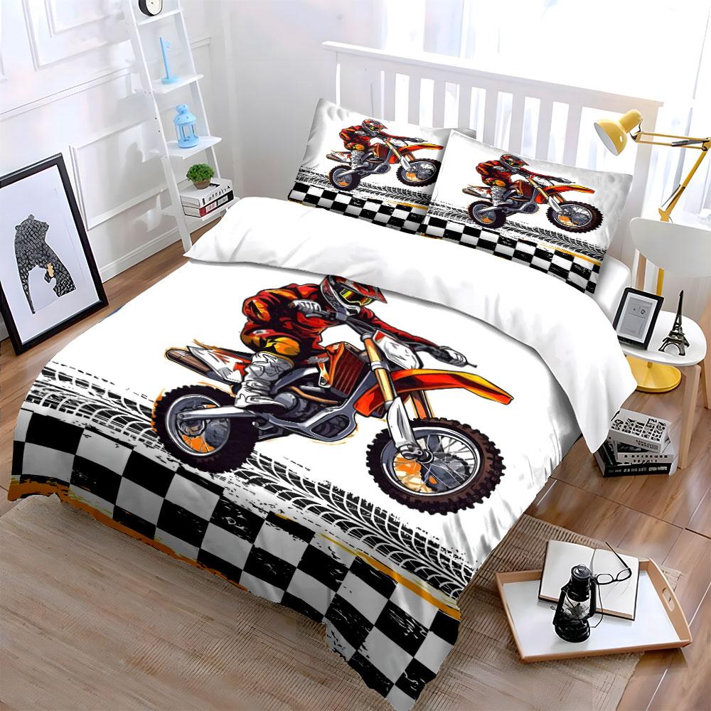 Racer Riding Motocross Bike Jumping Print Bedding Set 1 Duvet Cover 2 Pillowcases For Adult And Children Luxury Gift Full Size