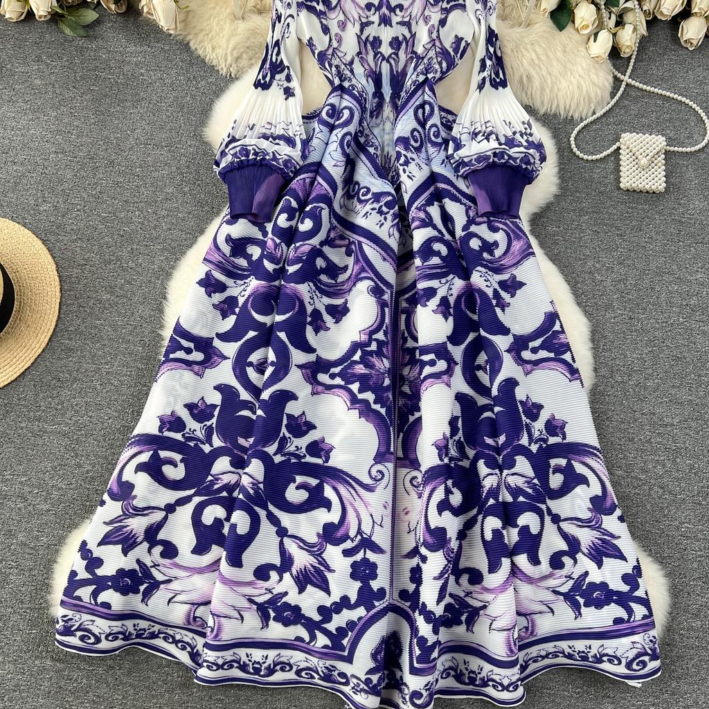 French Senior Temperament Luxury Dress Ladies 2024 Newest O-Neck Ruched Print Tie Dye Design Fashion Chic Long Dress