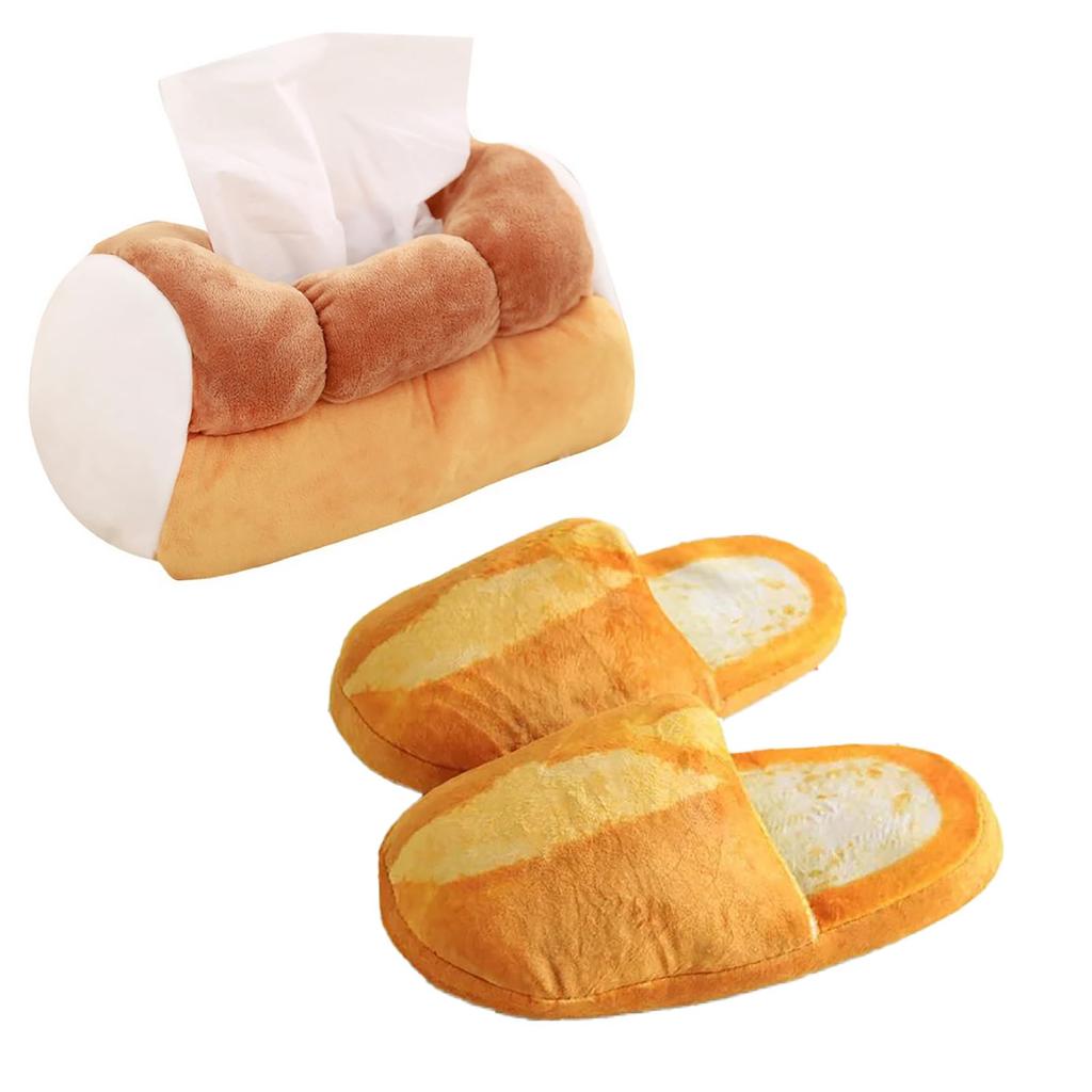 Famimueno Tissue Cover Case, Slippers and Bread Look-Alike, Cute and Fun Decor (Brown & White, Medium Slippers + Tissue Case)