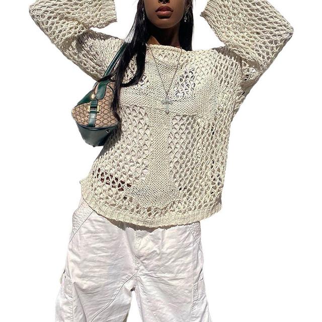 Женский укороченный топ Y2K, винтажный свободный рваный вязаный крючком пуловер, женский повседневный сказочный шикарный укороченный трикотаж