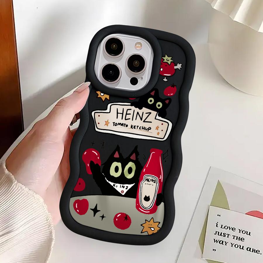 Soft Phone Cover Case for iPhone 16 Pro Max 13 12 15 Plus 17 Air 14 8 11 XR Tomato Sauce Black Cat
