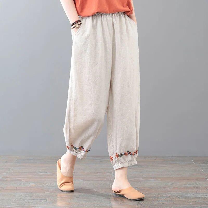 Укороченные брюки большого размера в стиле ретро, однотонные женские повседневные брюки из хлопка и конопли