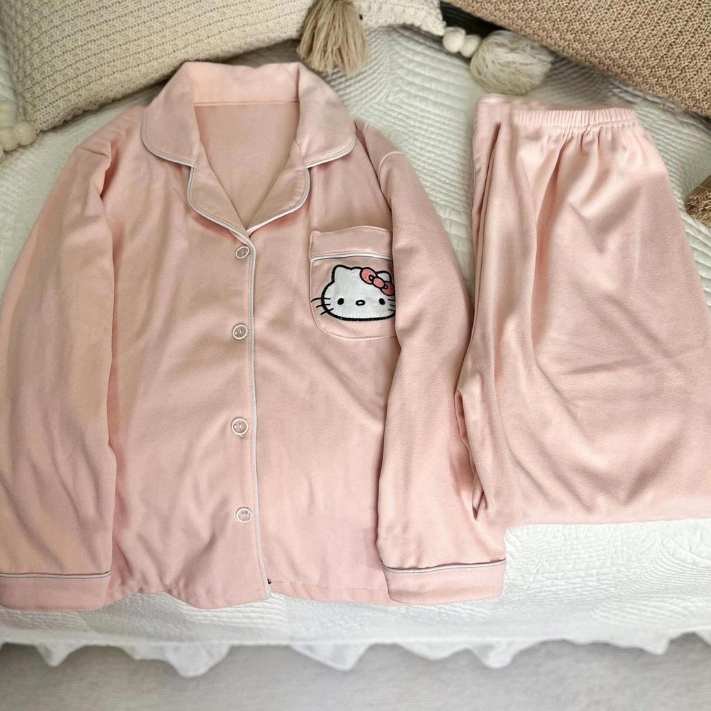 Женская велюровая пижама Hello Kitty - Коралловый флис, Толстая, с длинным рукавом, для осенне-зимней домашней одежды.