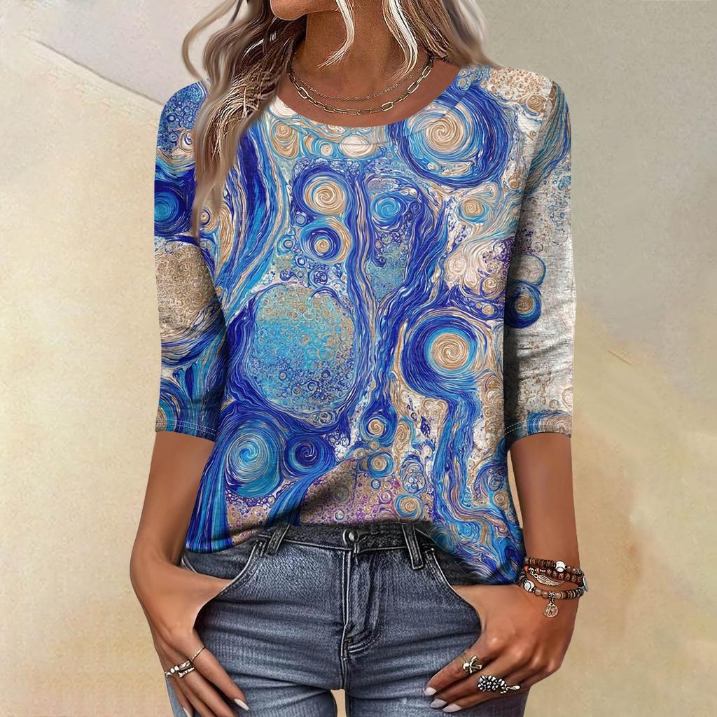 Модный винтажный топ с рукавом три четверти для женщин, женская повседневная блузка-футболка с круглым вырезом и принтом