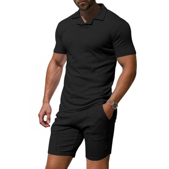 2 шт./комплект мужской наряд пуловер с коротким рукавом отворот топы эластичный шнурок талия карманы шорты комплект однотонная спортивная одежда