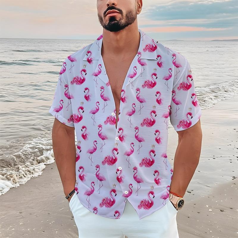 TEMU European and American popular Flamingo series 1D printing summer casual lapel button-down shirt short sleeve