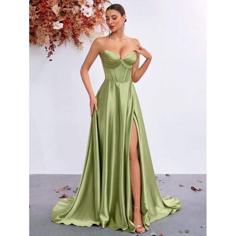 Luxury Satin Bustier Evening Dress Slim Fit Boned Mermaid Slit Gown Banquet Party