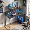 Gaming Desk 100cm Computer Desk With Led Lights Power Outlets Monitor Stand And Remote Black Wood Effect
