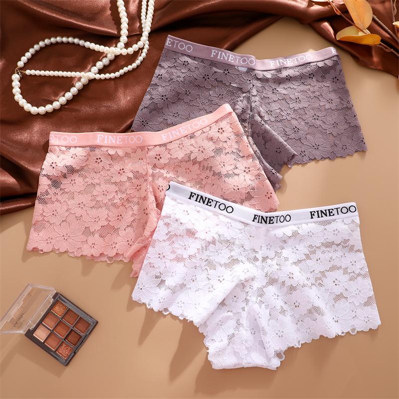 3Pcs Lace Hollow Out Boyshorts Women's Sexy Floral Panties 5 Solid Colours Underwear Letter Belt Briefs Perspective Lingerie