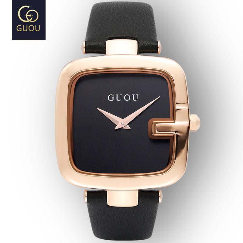 GUOU Top Brand Women's Watches Square Fashion zegarek damski Luxury Ladies Bracelet For Women Genuine Leather Strap Clocks Saati
