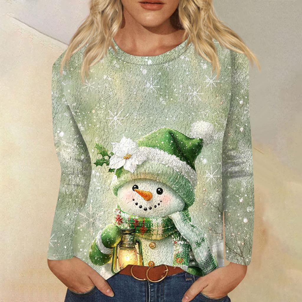 Женская модная повседневная фланелевая футболка с длинным рукавом и круглым вырезом с рождественским принтом