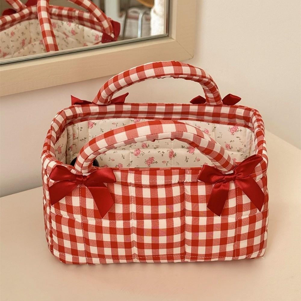 Plaid Design Quilted Storage Basket Bow Decor Desktop Organizer For Desktop Cosmetic Storage