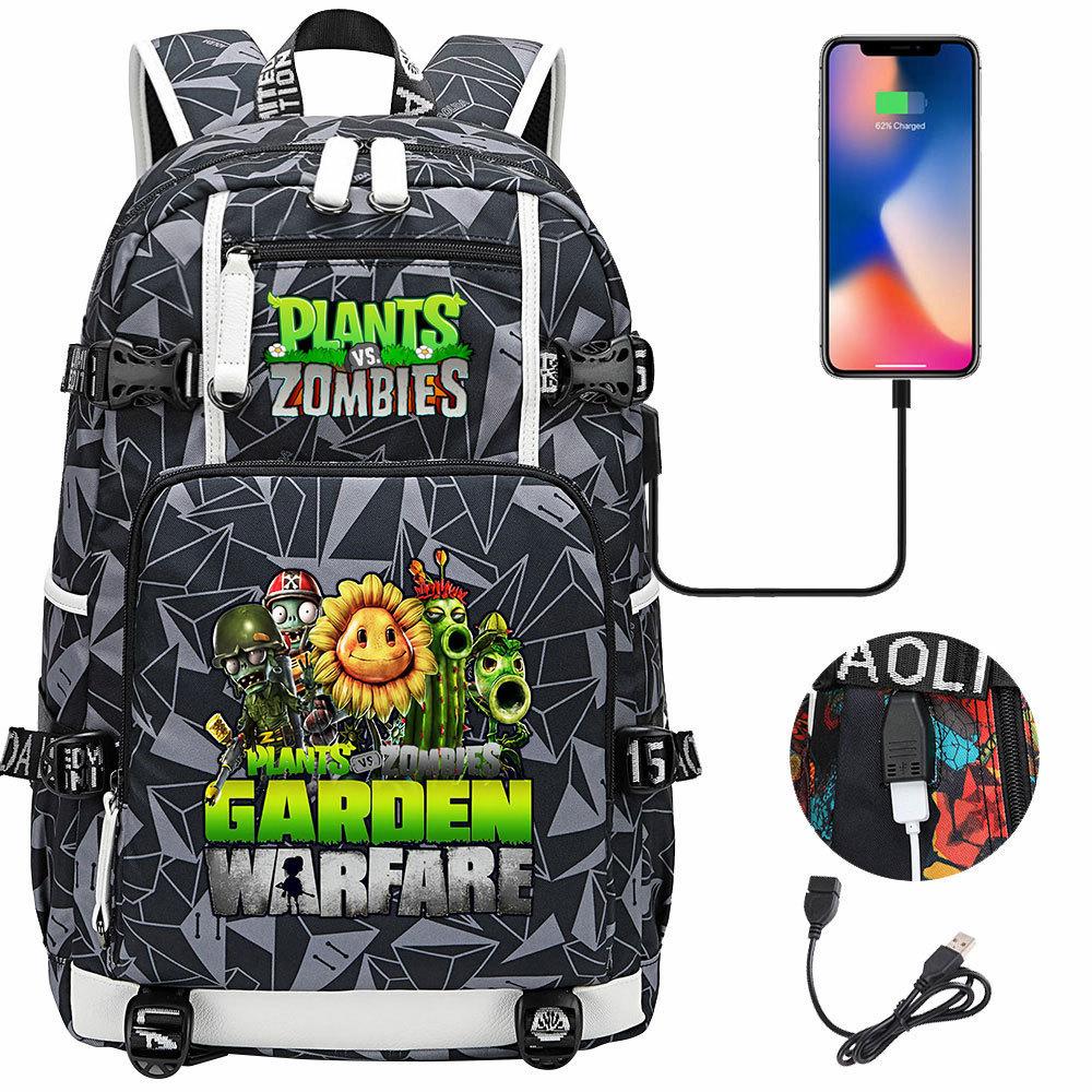 Plants vs USB Headphones Backpack for Teens Students Casual Travel Daypack Unisex Large Capacity Waterproof