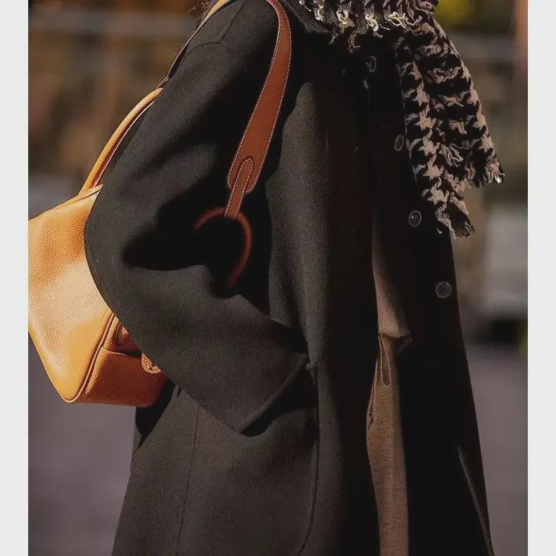 Женское шерстяное пальто тети 2024 в корейском стиле - Осень и Зима, средней длины, ниже колена, модного свободного кроя