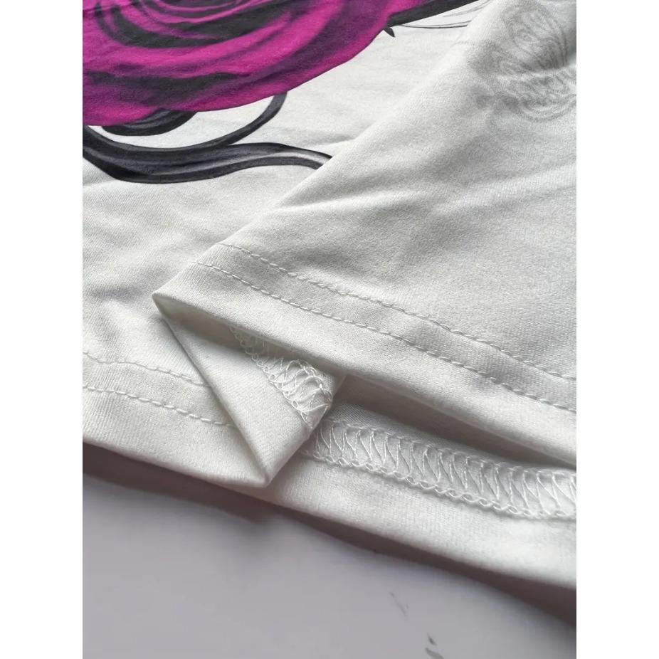 Ретро футболка с принтом роз, круглым вырезом и короткими рукавами для женщин, дышащий полиэстер, эластичная, удобная для повседневной носки