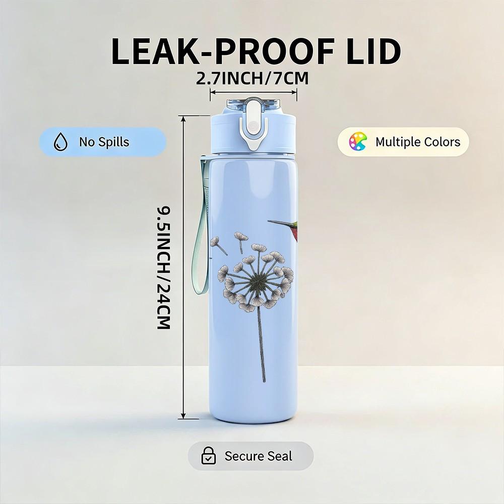 1PC Dandelion Hummingbird Silhouette 750ml Color Plastic Sports Water Bottle Leakproof Flip Straw Lid Suitable for Sports Office Home Use