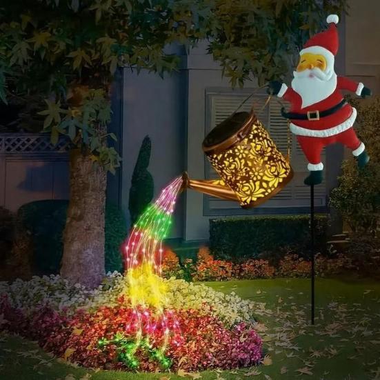 Christmas Santa Solar Kettle Lights Garden Lawn Decorative Lights Waterproof Watering Can String Light Metal Santa Claus Ground Lamp