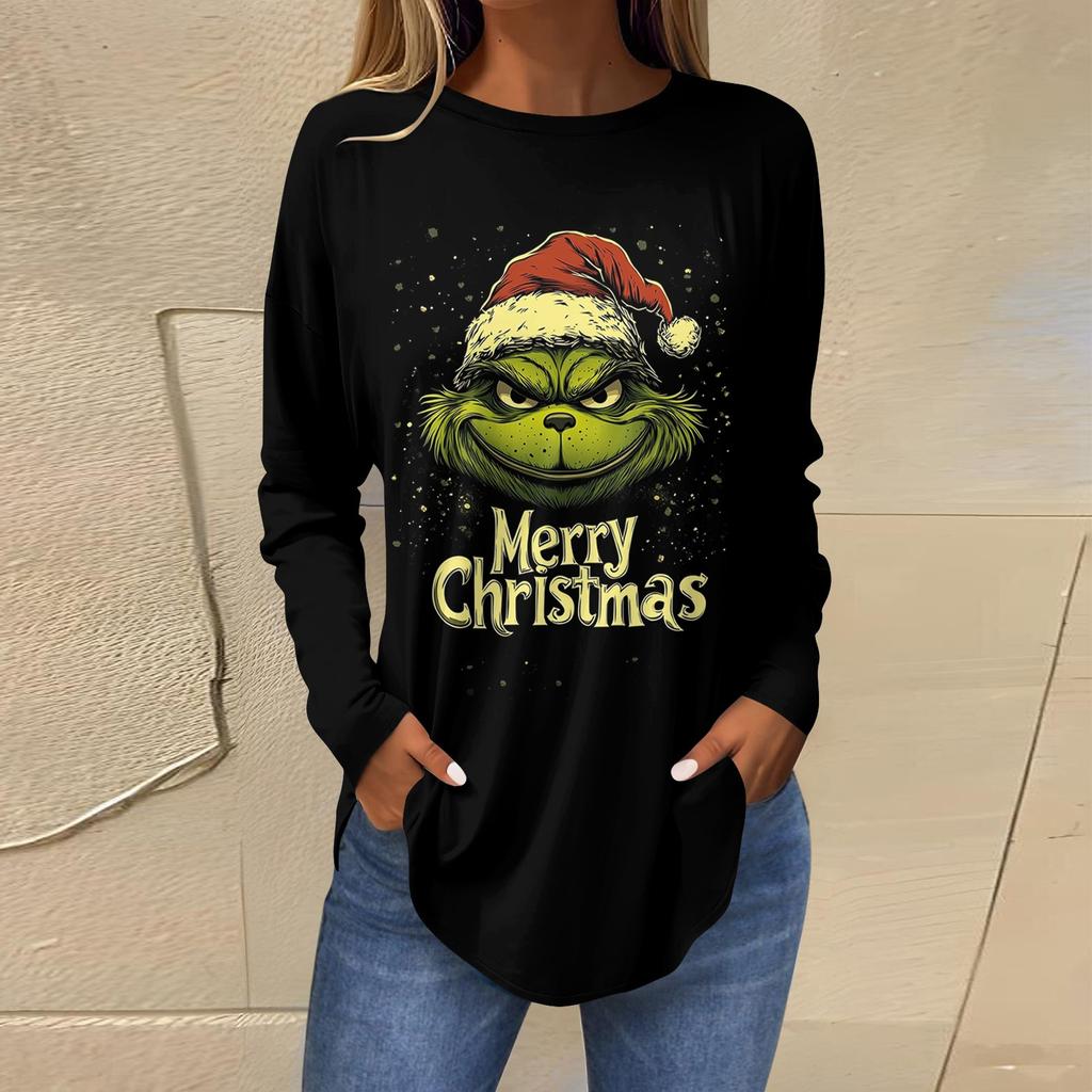 Women's Loose Round Neck Print Long Sleeve T-Shirt Top Pullover