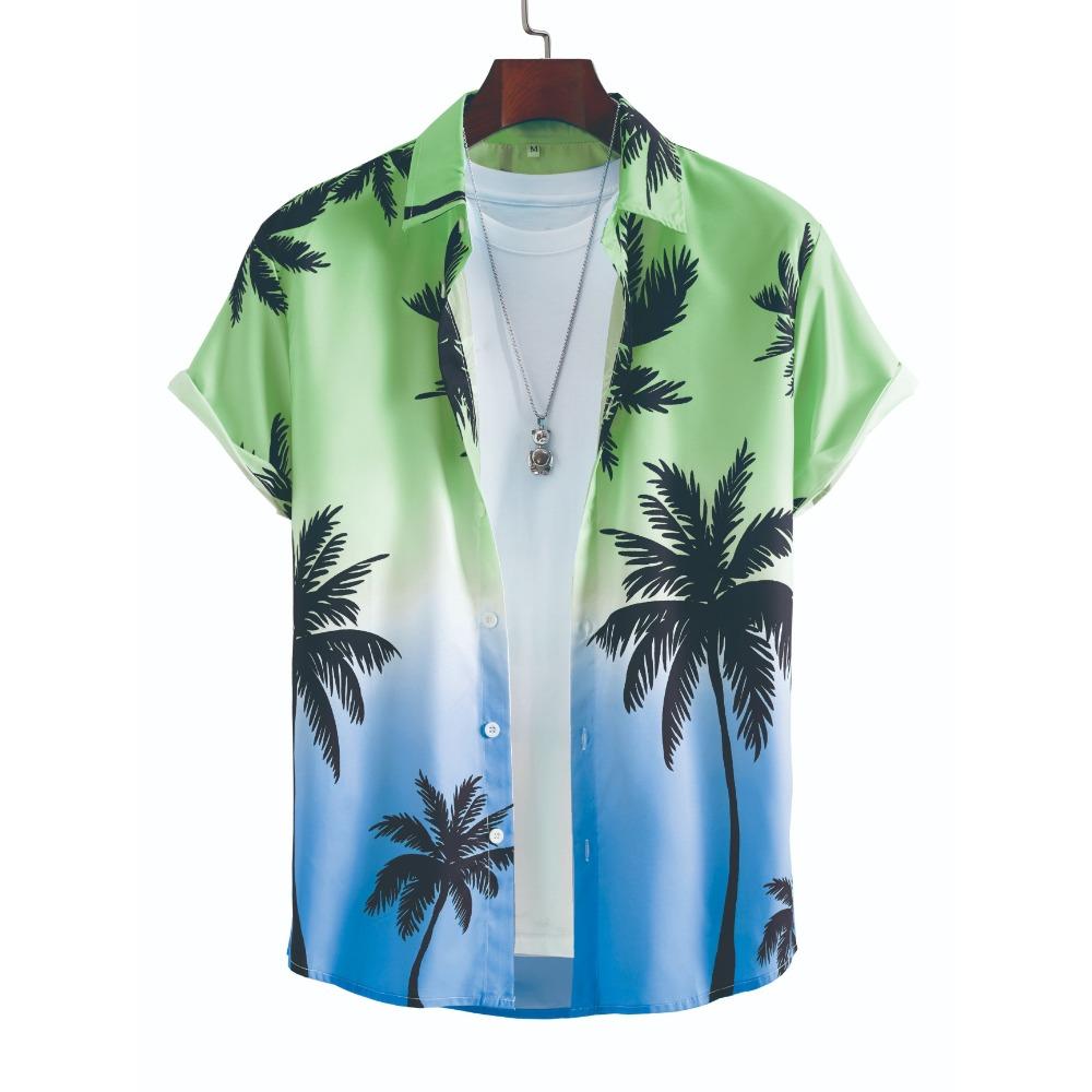 Tropical Coconut Tree Pattern Men's Short Sleeve Button Down Lapel Shirt For Summer Resort Holiday Hawaiian Style Oversized Tops