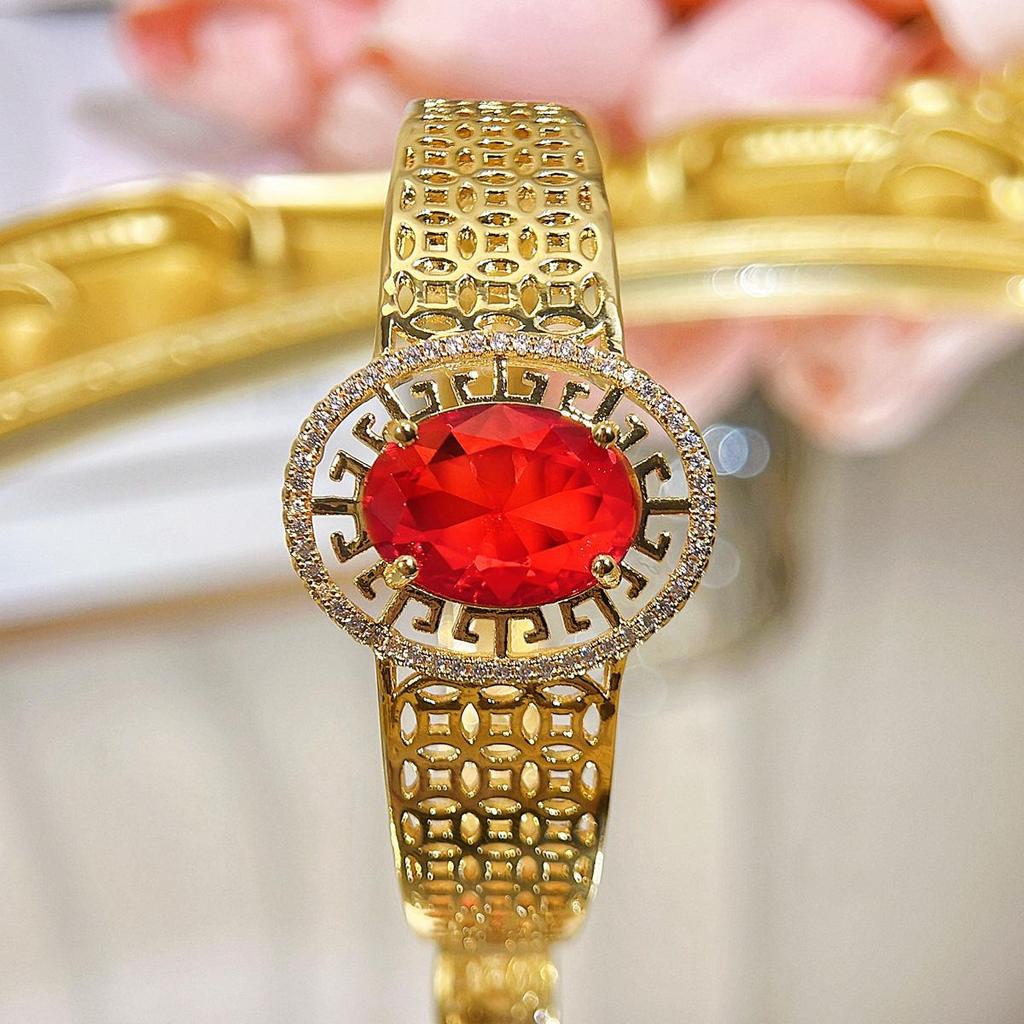 CMM Retro Palace Handmade Hollow Italian Brushed Metal Natural Green Zircon Light Luxury Wide Bracelet Bangle Hand Accessories