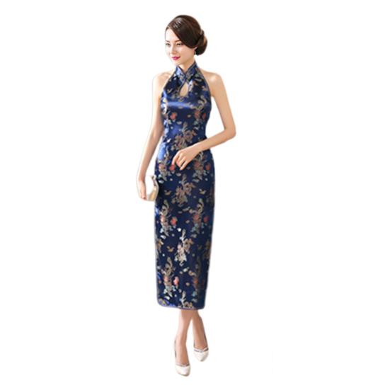 Women Summer Cheongsam Stand Collar Printing Off Shoulder Backless Split Hem Hollow Out Sleeveless Qipao Slim Fit Retro