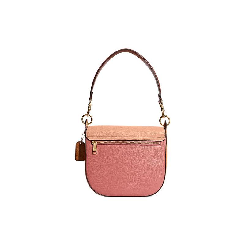 COACH Kleo 23 Colorblock Saddle Buckle Flap Pebbled Cow Leather Underarm Shoulder Bag Medium Women's Pink with Orange and Dark Pink